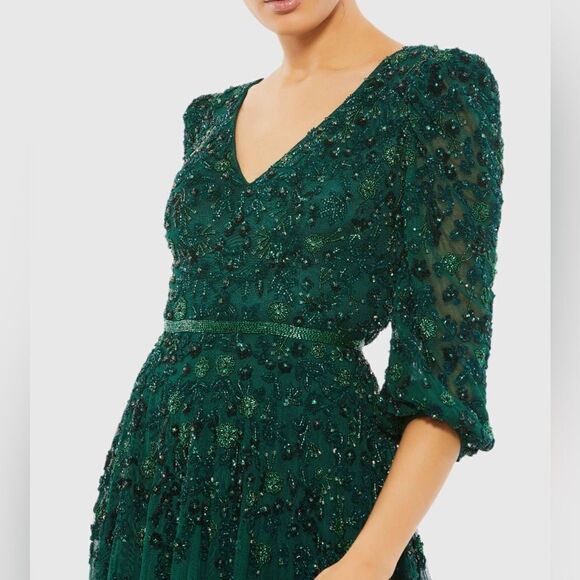 Mac Duggal 5497 Womens Green Embellished V Neck 3/4 Sleeve A Line Gown Regular - Picture 3 of 13